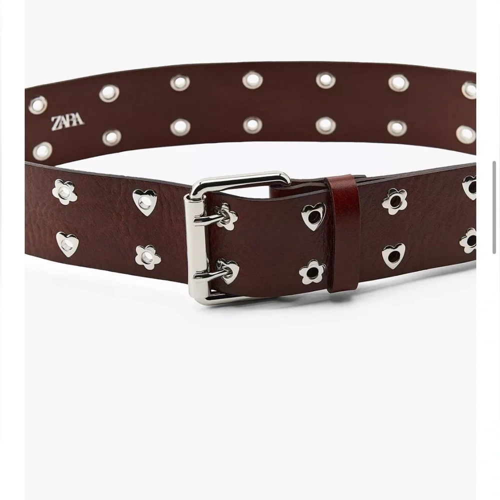 Zara‎ LEATHER HEARTS AND FLOWERS BELT Dark Brown Belt with Silver Details